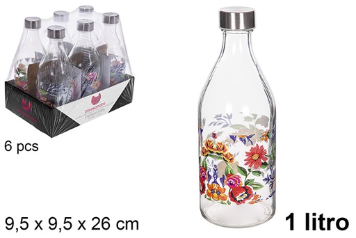 [111544] Botella cristal agua decorada Primavera tapa acero 1 litro