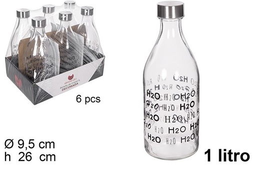 [111545] Bouteille d'eau en verre décorée H2O couvercle en acier 1 l.