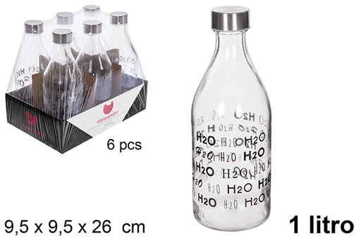 [111545] Glass water bottle H2O decorated steel lid 1 liter