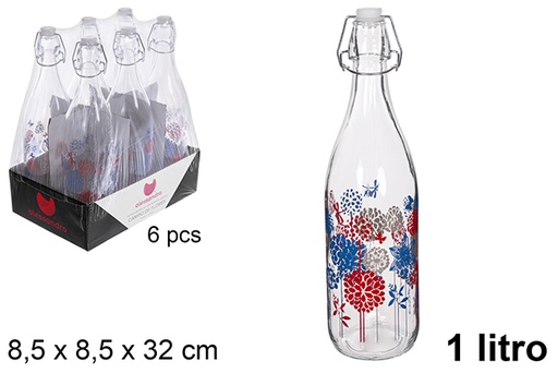 [111532] Botella cristal agua decorada campo de flores tapón gaseosa 1 litro
