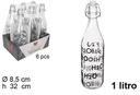 Botella cristal agua decorada H2O tapón gaseosa 1 litro