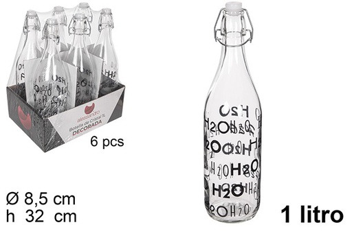 [111538] Garrafa de água vidro decorada H2O com rolha mecânica 1 l.