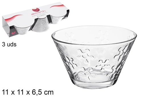 [111666] Pack 3 ciotole in vetro decorate con fiori 11 cm