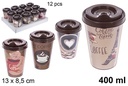 Vaso plástico con tapa decorado surtido 400 ml