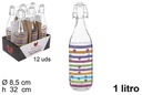 Botella cristal agua decorada líneas y puntos tapón gaseosa 1 litro
