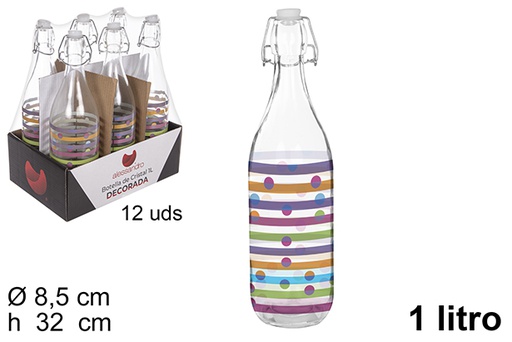 [111535] Decorated glass water bottle with mechanical stopper 1 l.