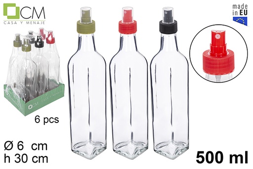 [112210] Flacon carré en verre avec pulvérisateur couleurs assorties 500 ml