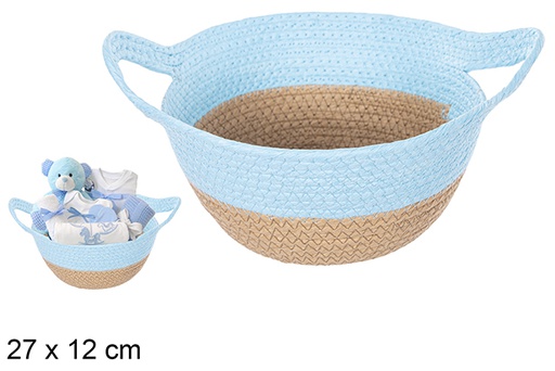 [111732] NATURAL/TURQUOISE ROPE BASKET W/HANDLES