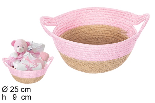 [111792] Natural/pink paper rope basket with handles 25x9 cm