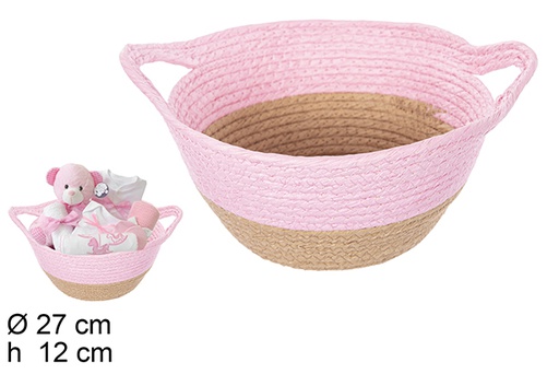 [111793] Natural/pink paper rope basket with handles 27x12 cm