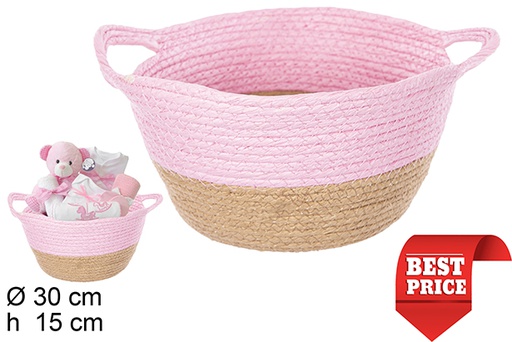 [111794] Natural/pink paper rope basket with handles 30x15 cm