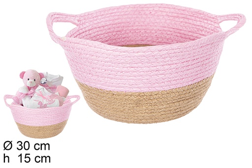 [111794] Natural/pink paper rope basket with handles 30x15 cm