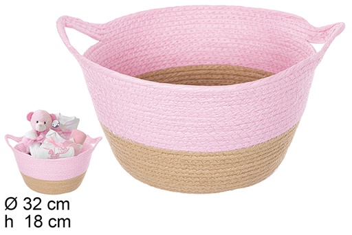 [111795] Natural/pink paper rope basket with handles 32x18 cm
