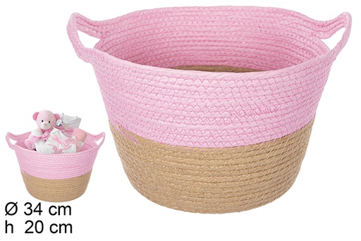 [111796] Natural/pink paper rope basket with handles 34x20 cm
