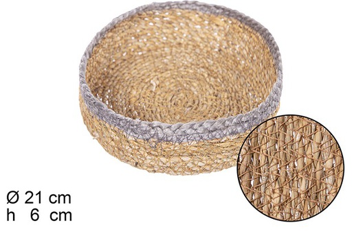 [111876] Panier rond en jonc de mer naturel bord jute gris 21 cm