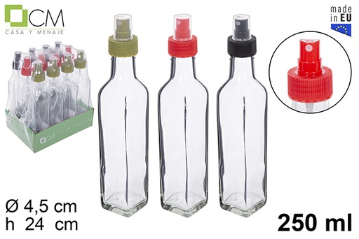[112208] Flacon carré en verre avec pulvérisateur couleurs assorties 250 ml