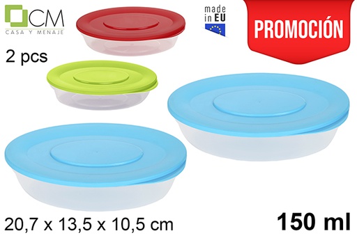 [102879] Pack 2 boîte à lunch ovale avec couvercle couleurs assorties 150 ml.