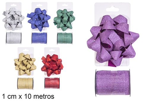 [112393] Ruban cadeau de Noël avec noeud couleur mat 1 cm x 10 m.