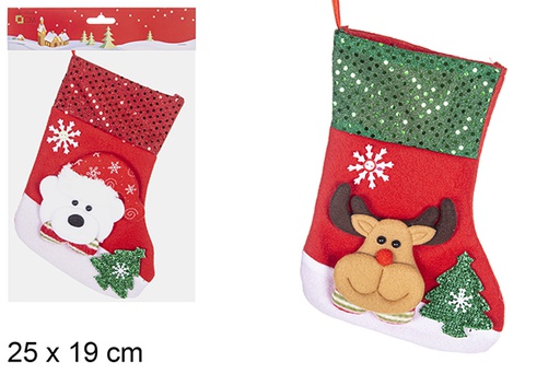 [113095] Calcetín Navidad decorado oso/vaca surtido 25x19 cm