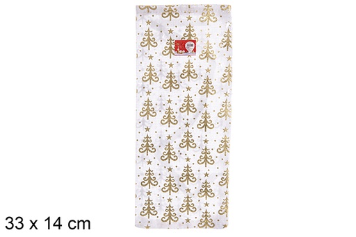 [113114] Sac en tissu doré décoré de sapin de Noël pour bouteille de vin 33x14cm