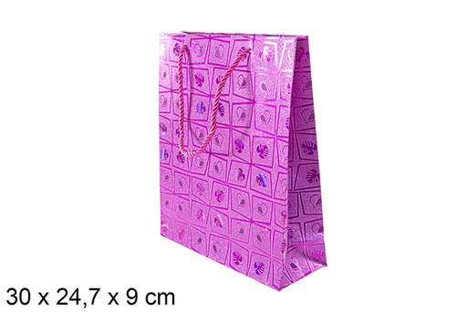 [113737] Sacola presente decorada com coração lilás 30x24,7 cm