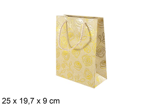 [113748] Sac cadeau décoré de roses dorées 25x19,7 cm