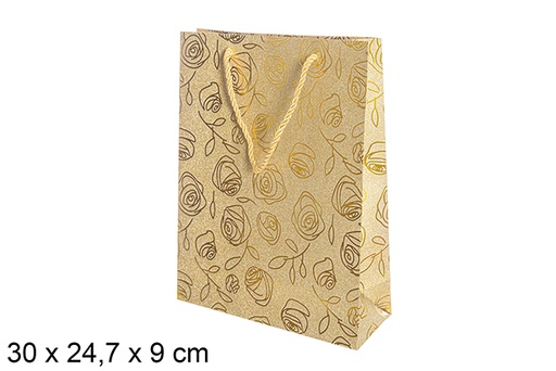 [113749] Sac cadeau décoré de roses dorées 30x24,7 cm