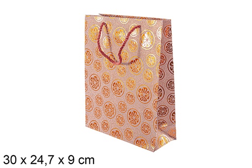 [113752] Busta regalo arancione decorata con frutta 30x24,7 cm