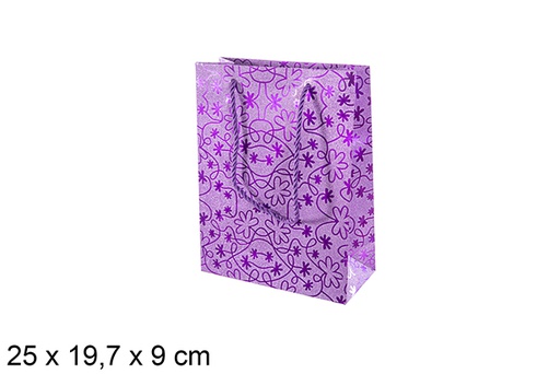 [113760] Saco de presente decorado com flor roxa 25x19,7 cm