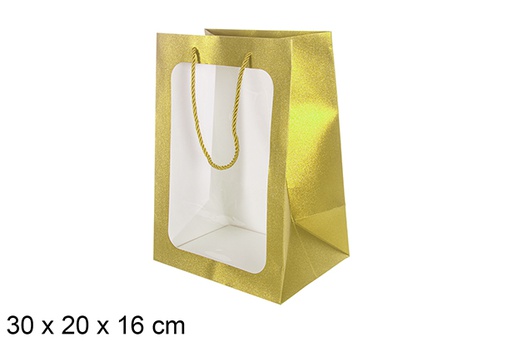 [113766] Saco de presente dourada com janela 30x20 cm