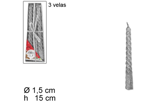 [017163] 3 velas espiral plata purpurina 15cm