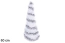Árbol cónico metal con espumillón plata y blanco 60 cm