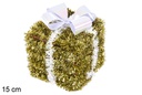 Paquet cadeau en polystyrène décoré de guirlandes dorées et d'un nœud blanc 15 cm