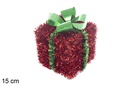 Paquet cadeau en polystyrène décoré de guirlande rouge avec nœud vert 15 cm
