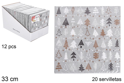 [113695] Pack 20 serviettes grises décorées sapin de Noël 33 cm