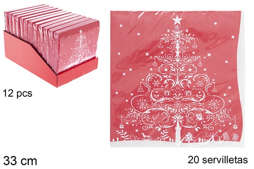 [113699] Pack 20 guardanapos vermelhos decorados com árvore de Natal de 33 cm