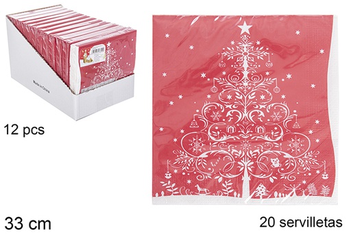 [113699] Pack 20 guardanapos vermelhos decorados com árvore de Natal de 33 cm