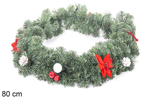 [113779] Branche verte PVC décorée pommes de pin de Noël et fleur 80 cm