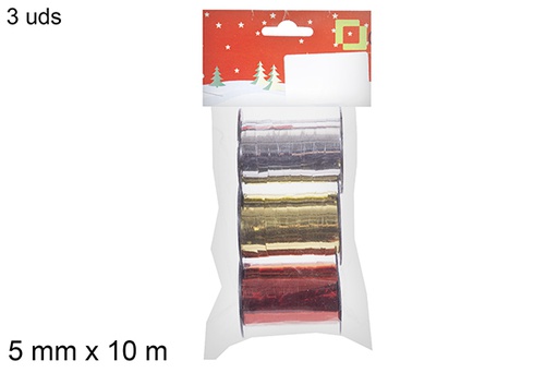 [113816] Pack 3 bobines de ruban argent/or/rouge 5 mm x 10 m.