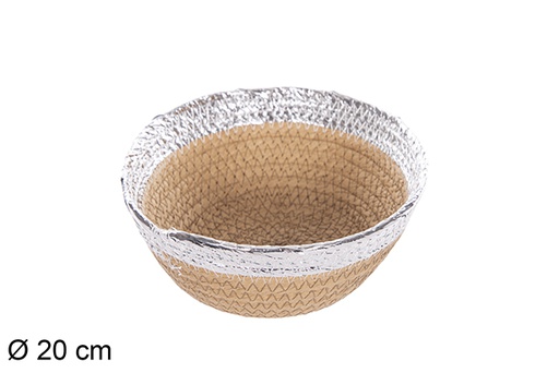 [112358] Cesta redonda cuerda papel natural borde plata 20cm