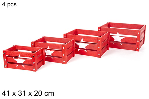 [112359] Pack 4 star decorated red wooden crate 41x31x20 cm 