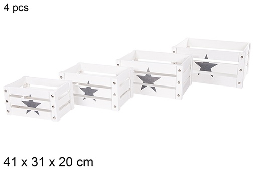 [112361] Pack 4 star decorated white wooden crate 41x31x20 cm 