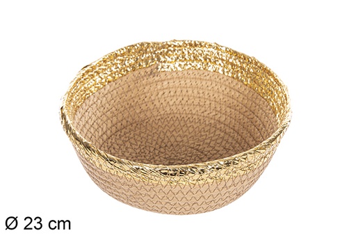 [112369] Panier rond corde papier naturel bord doré 23 cm