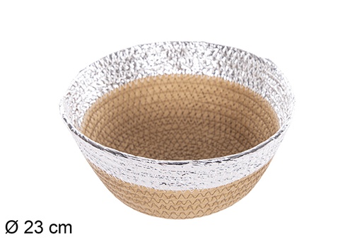[112370] Cesta redonda cuerda papel natural borde plata 23cm