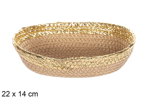 [112389] Cesta oval corda papel natural borda dourada 22x14 cm