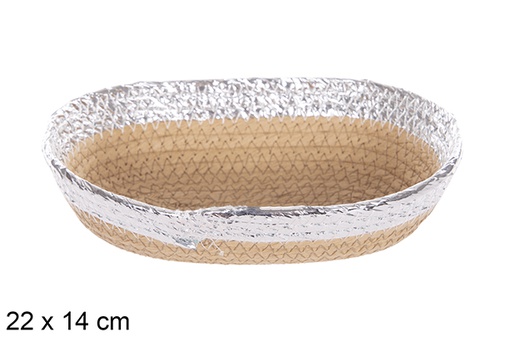 [112391] Cesta ovalada cuerda papel natural borde plata 22x14cm