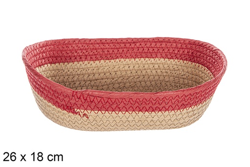 [112395] Cesta oval corda papel natural borda vermelha 26x18 cm
