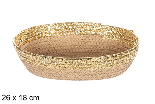 [112396] Cesta oval corda papel natural borda dourada 26x18 cm