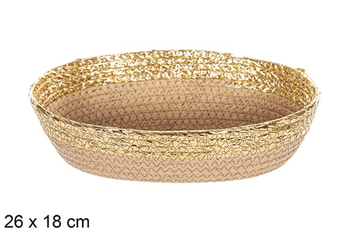 [112396] Cesta oval corda papel natural borda dourada 26x18 cm