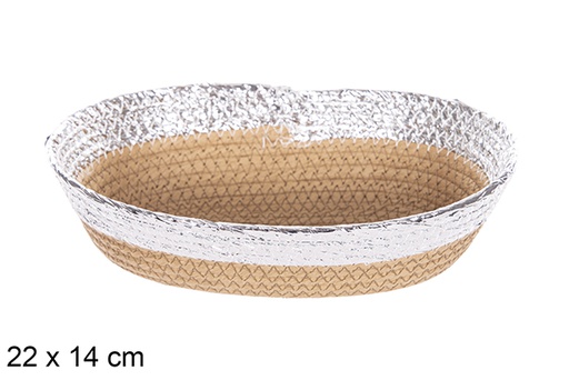 [112397] Cesta ovalada cuerda papel natural borde plata 26x18cm